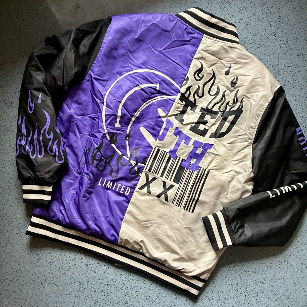 Rue21 Y2K Graphic Streetwear Black Purple Varsity Bomber Jacket Colorblock Sz M